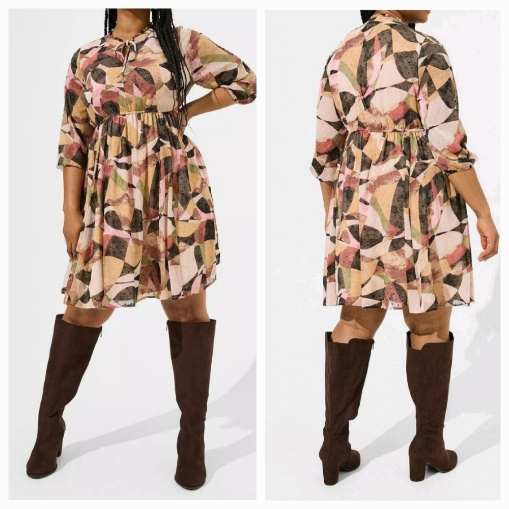 Torrid Abstract Print Dress Size 0 L 12 Long Sleeve Fall Boho Flowy Beige Brown